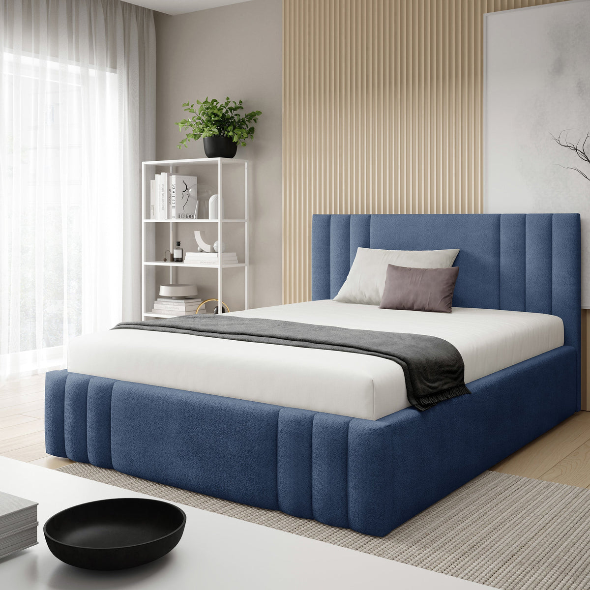 Falda Upholstered Ottoman Bed with Storage, Various Sizes in Elegant Style 140x200, 160x200 and 180x200, Coral Fabric – in a room setting