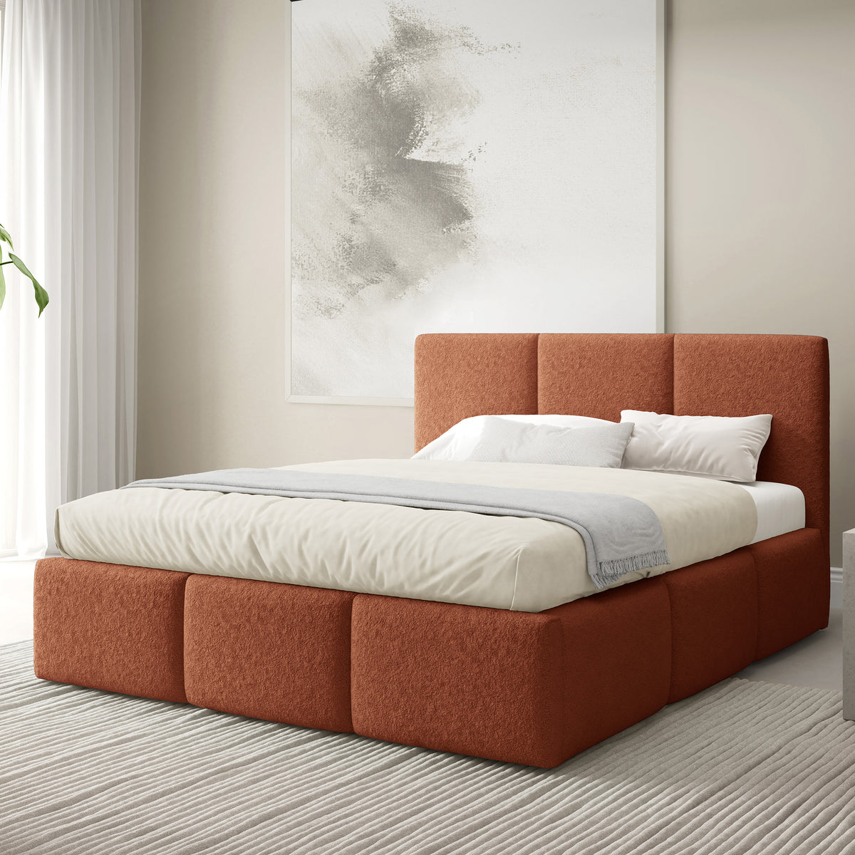 Melora Upholstered Ottoman Bed with Storage, Various Sizes in Modern Style 140x200, 160x200 and 180x200, Lambi Fabric – in a room setting