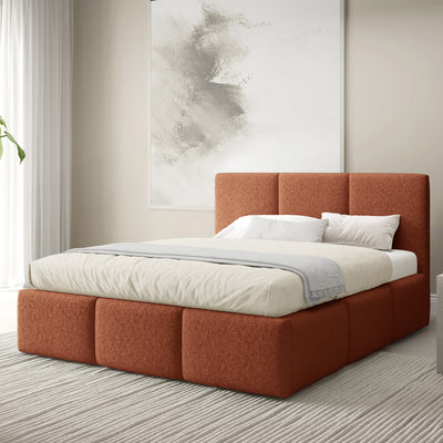 Łóżko tapicerowane Melora 140x200, 160x200 i 180x200 z pojemnikiem w stylu nowoczesnym, tkanina Lambi – w aranżacji wnętrza