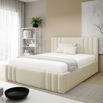Łóżko tapicerowane Falda 140x200, 160x200 i 180x200 z pojemnikiem w stylu eleganckim, tkanina Lambi – w aranżacji wnętrza