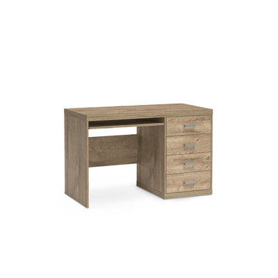 Bureau Korin 120x78 coloris chêne – bureau à 4 tiroirs avec tablette coulissante pour clavier, vue de biais