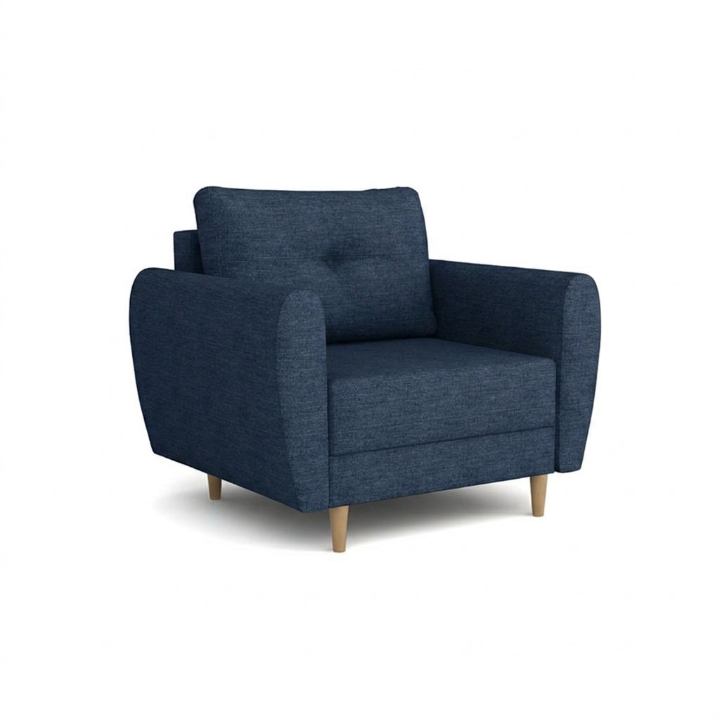 Fauteuil Harmi 90 cm Bleu Marine Orage (SAWANA 20) – fauteuil scandinave rembourré avec un bouton décoratif sur le dossier