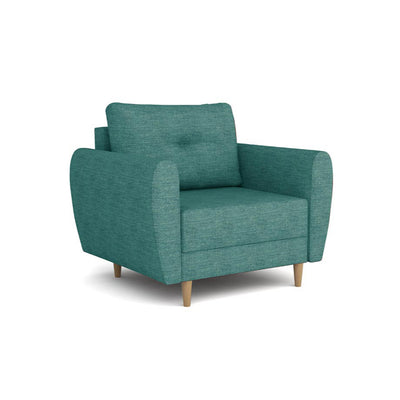 Fauteuil Harmi 90 cm Lazur Pétrole (SAWANA 30) – fauteuil scandinave rembourré avec un bouton décoratif sur le dossier