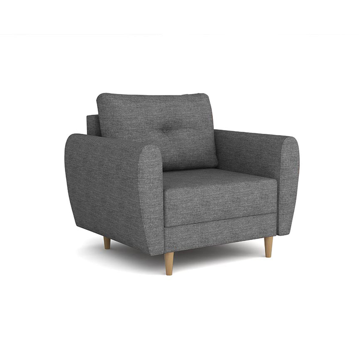 Fauteuil Harmi 90 cm Brume Argentée (SAWANA 05) – fauteuil avec coussin de dossier matelassé et pieds en hêtre, vue de trois quarts