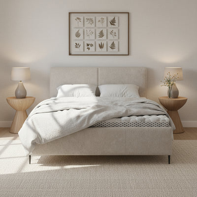 Łóżko tapicerowane Hatti 140x200, 160x200 i 180x200 z pojemnikiem w stylu minimalistycznym – w aranżacji wnętrza