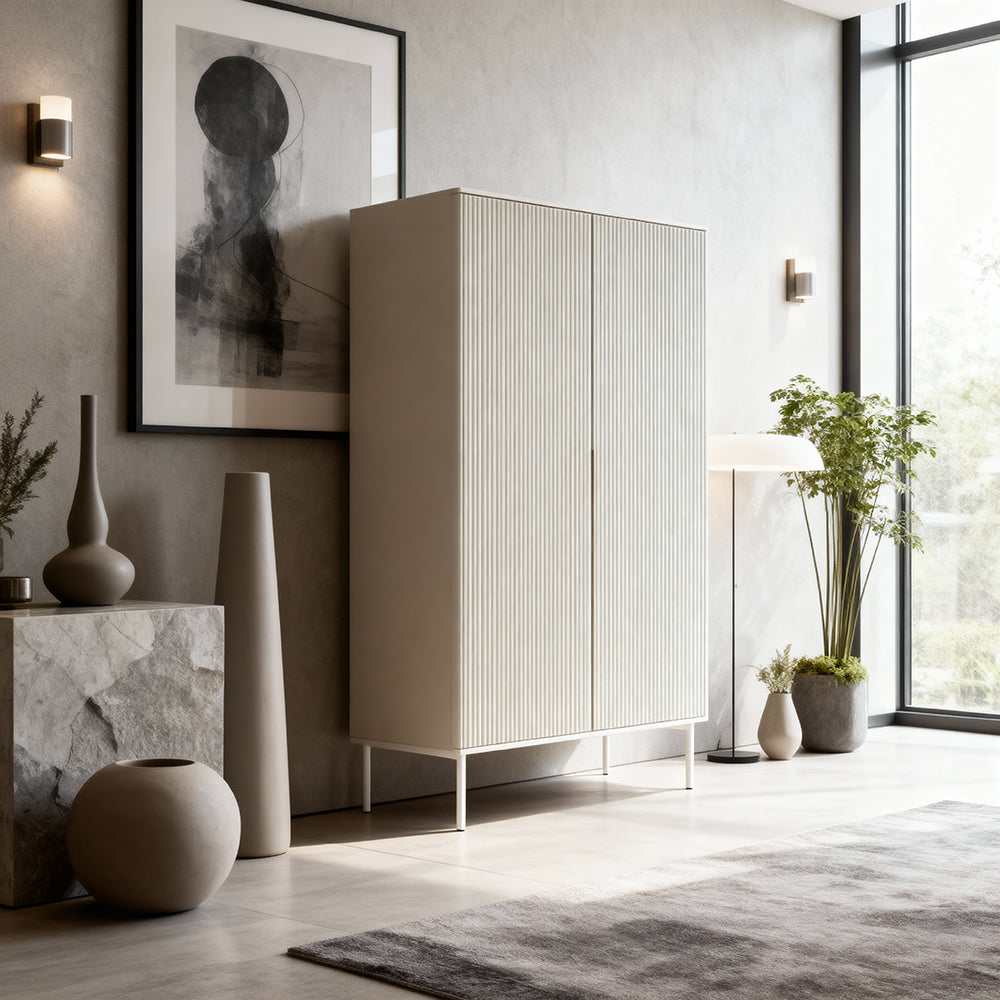 MuzZI Tall Sideboard with Doors 99x123, Modern Style – in a room setting