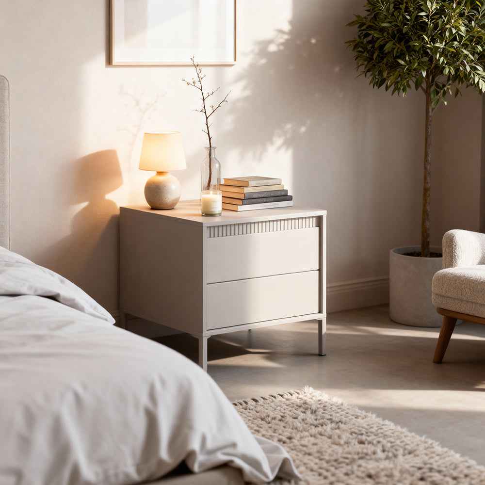 Senra Bedside Table with 2 Drawers 54x56 cm, Modern Style – in a room setting