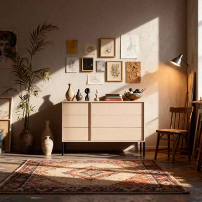 Komoda Dust 137x81 z 6 szufladami w stylu minimalistycznym – w aranżacji wnętrza