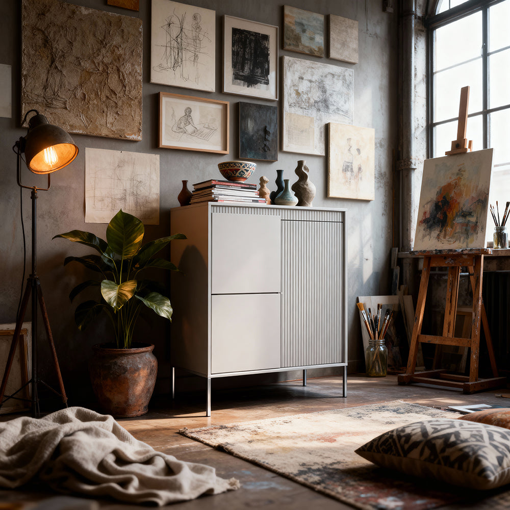 Senra 3-door Sideboard 104x123, Japandi Style – in a room setting