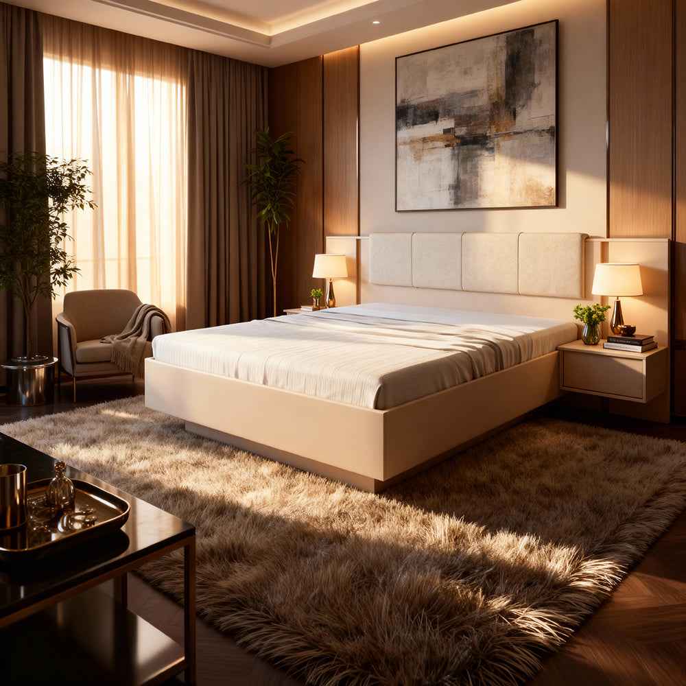 Dust Upholstered Ottoman Bed with Storage, Glamour Style – in a room setting