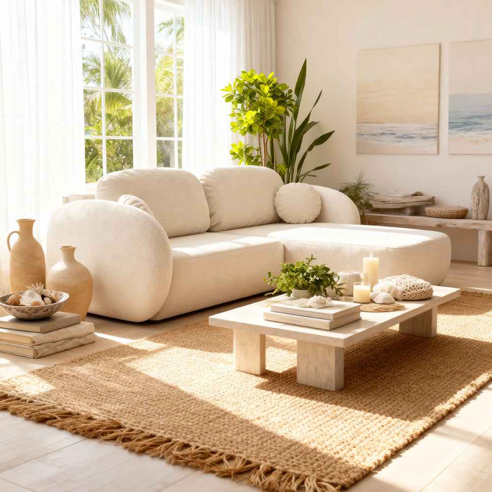 Olemo Corner Sofa Bed DL 248 cm, Modern Style, Aragon Fabric – in a room setting