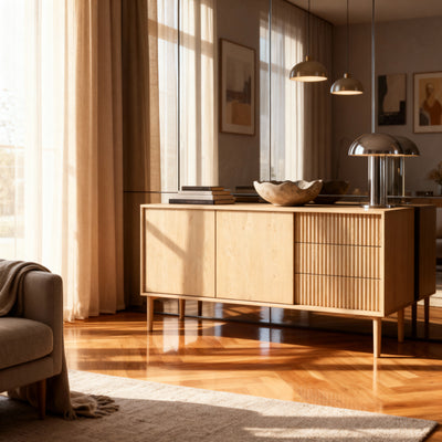 Komoda Viola 2-drzwiowa 154x80 z 3 szufladami w stylu japandi – w aranżacji wnętrza