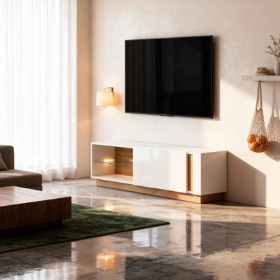 Szafka RTV pod telewizor Armelia 138x46 w stylu glamour – w aranżacji wnętrza