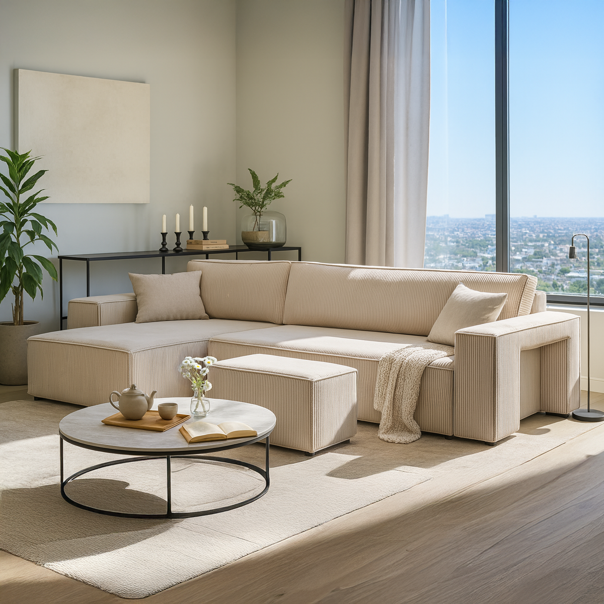 Klara Reversible Corner Sofa Bed with Storage and Pouffe, Modern Style – in a room setting