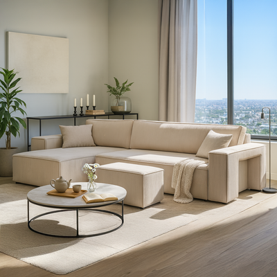 Klara Reversible Corner Sofa Bed with Storage and Pouffe, Modern Style – in a room setting