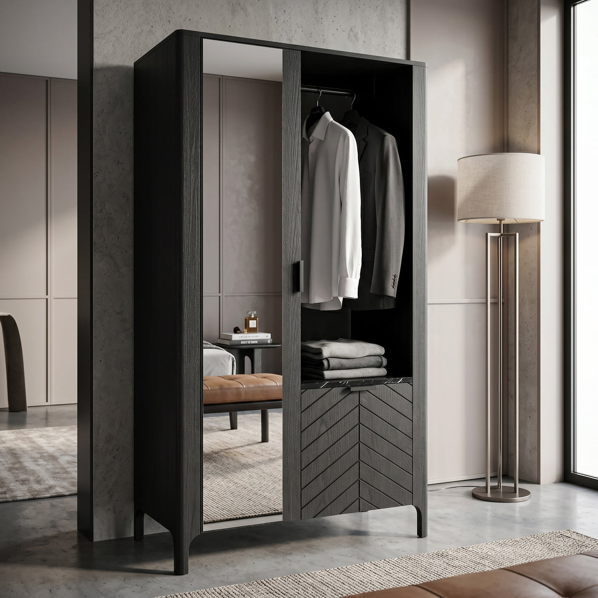 Armoire EKLIPSO 105x197 avec miroir, de style moderne, coloris noir - dans un aménagement intérieur | Pillovely
