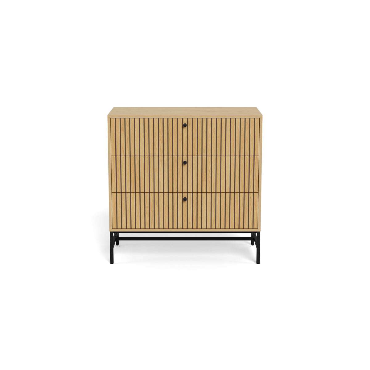 Commode Bambouz 81 x 81 en chêne – vue de face sur la façade à lamelles dotée de trois boutons noirs
