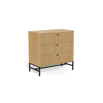 Commode Bambouz 81 x 81, couleur chêne – vue de profil sur les trois tiroirs à lamelles et le piètement en acier