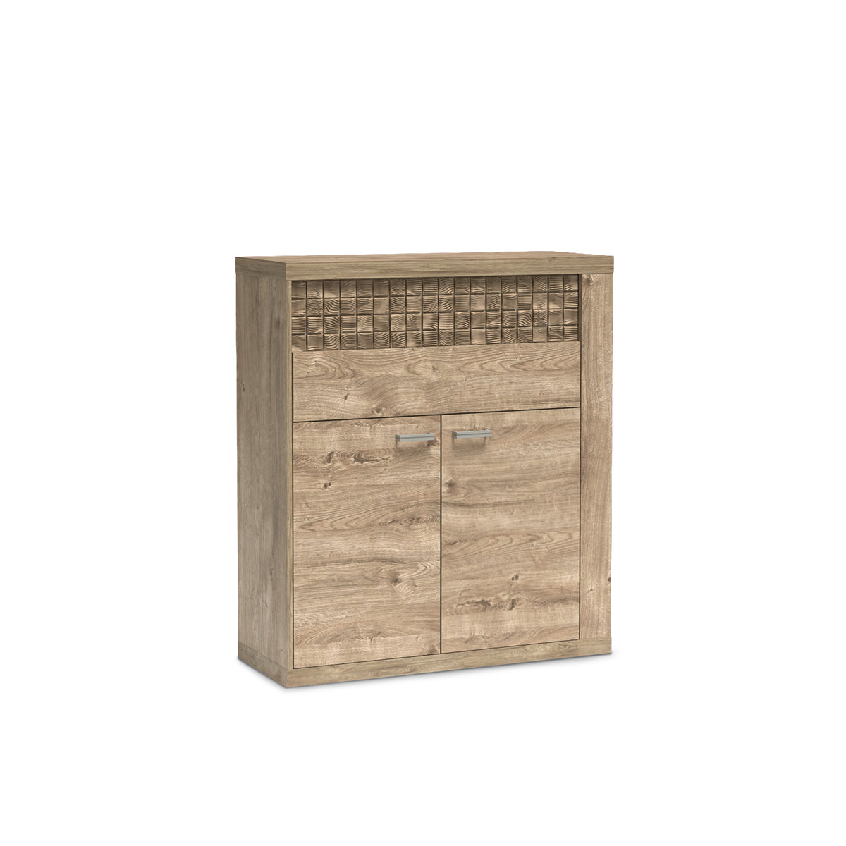 Commode Korin 102x119 coloris chêne – commode avec tiroirs, placard et façade rainurée, vue de biais