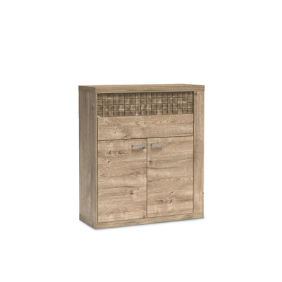 Commode Korin 102x119 coloris chêne – commode avec tiroirs, placard et façade rainurée, vue de biais