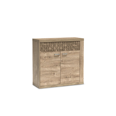 Commode Korin 102x99 coloris chêne – commode basse avec tiroir et placard à deux portes, vue de biais