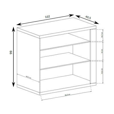 Commode Korin 102x99 – schéma des dimensions avec largeur, hauteur et profondeur