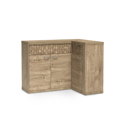 Commode Korin 132x99 coloris chêne – commode d'angle en L à façade rainurée, vue de biais