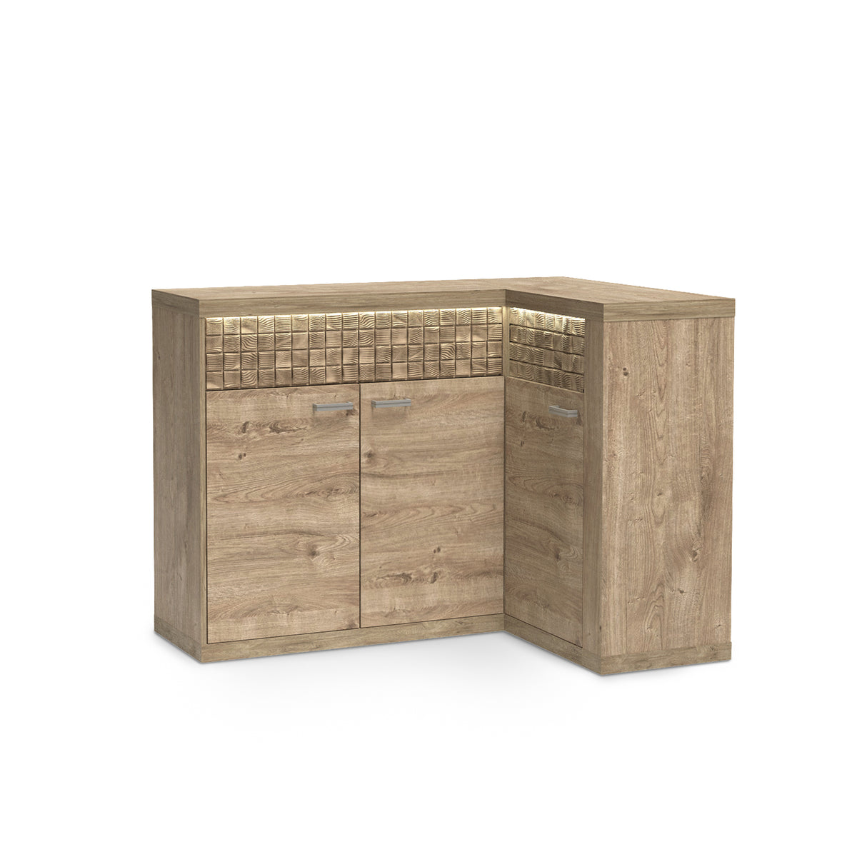 Commode Korin 132x99 avec LED – lumière chaude au-dessus de la façade rainurée, commode avec éclairage LED