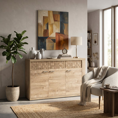 Commode Korin 147x99 dans un salon avec tableau, lampe et plante – large commode pour un salon de style bohème