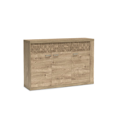 Commode Korin 147x99 coloris chêne – commode trois portes avec façade rainurée au-dessus des portes, vue de biais