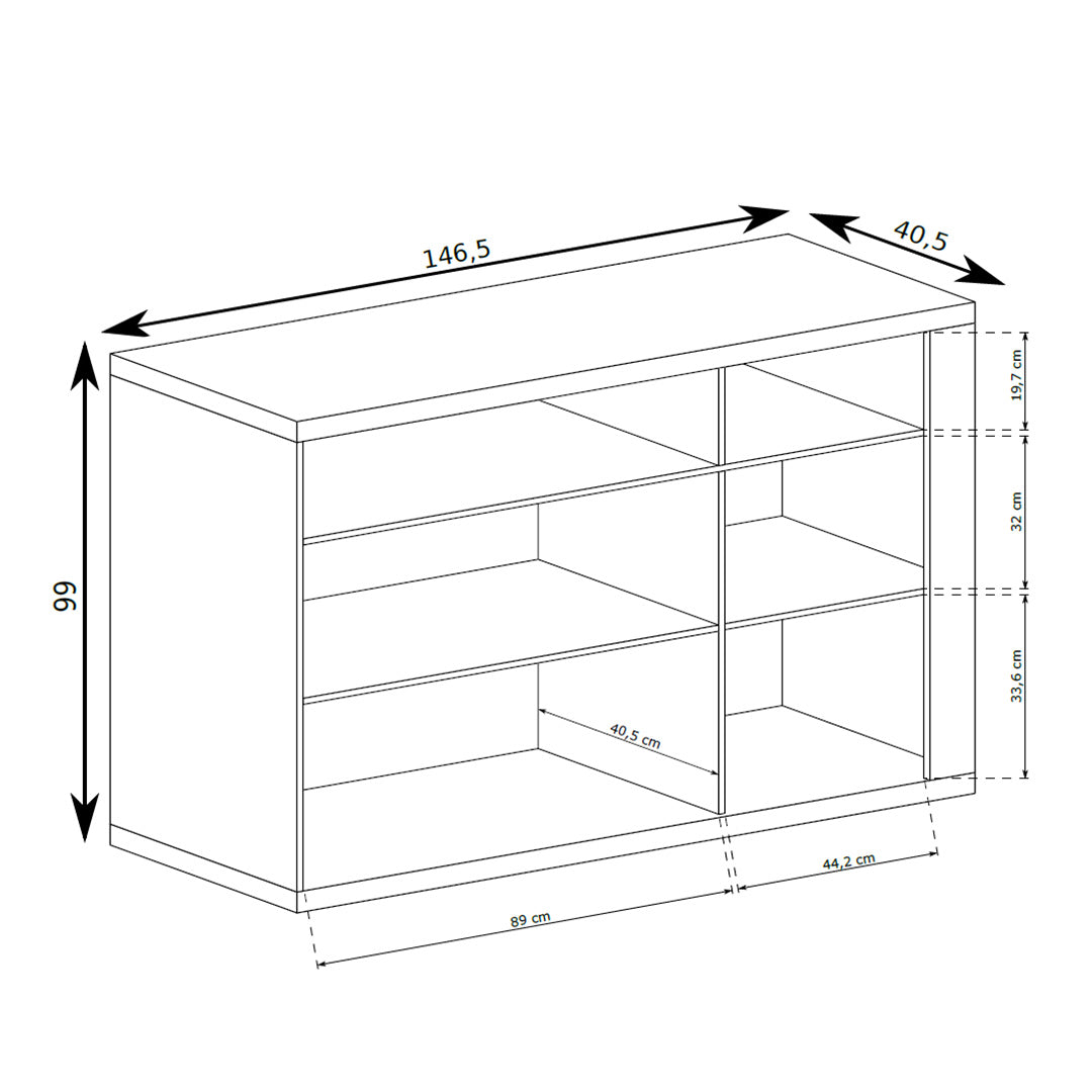 Commode Korin 147x99 – schéma des dimensions avec largeur, hauteur et profondeur