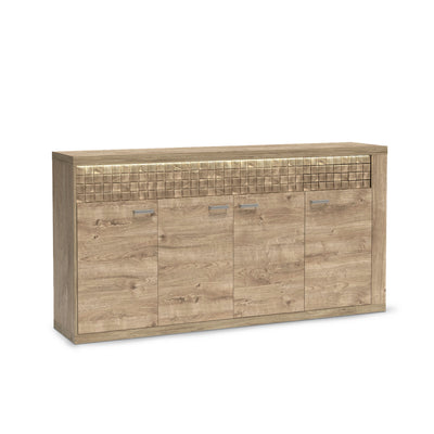 Commode Korin 192x99 avec LED – lumière chaude au-dessus de la façade rainurée, commode avec éclairage LED