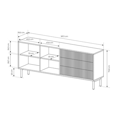 Komoda Viola 2-drzwiowa z 3 szufladami 187x80 w stylu japandi – rysunek z wymiarami