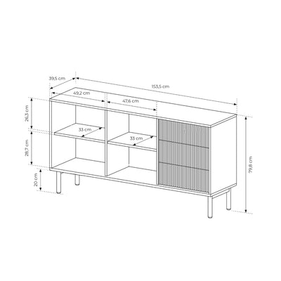 Komoda Viola 2-drzwiowa 154x80 z 3 szufladami w stylu japandi – rysunek z wymiarami