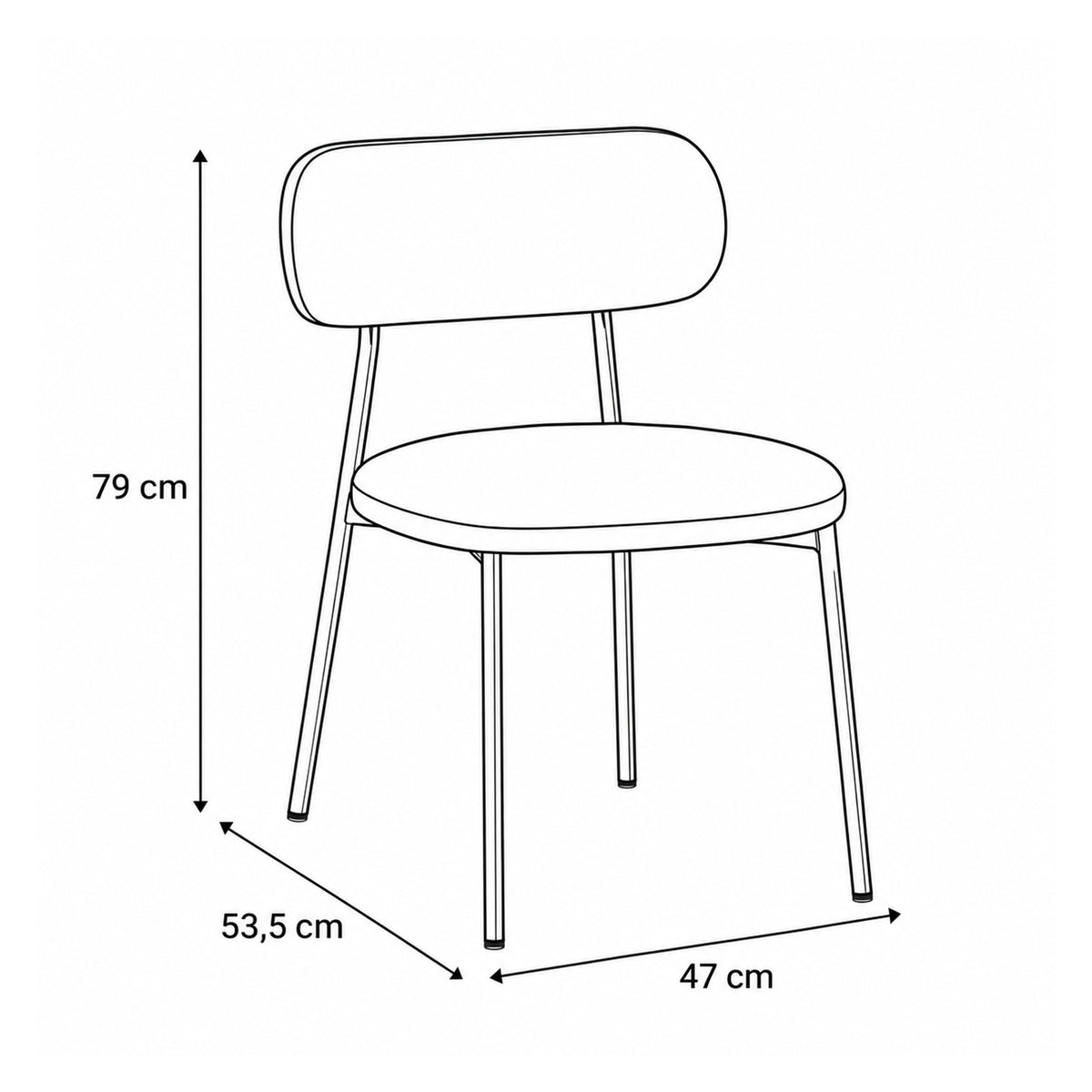 Chaise Dotto 47 x 79 – plan coté indiquant la largeur, la hauteur et la profondeur