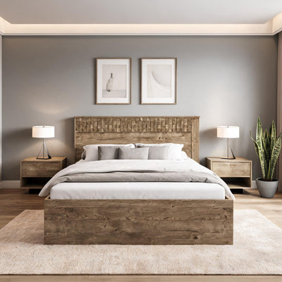 Lit Korin 160x200 dans une chambre aux murs gris avec affiches – lit coffre pour le linge de lit