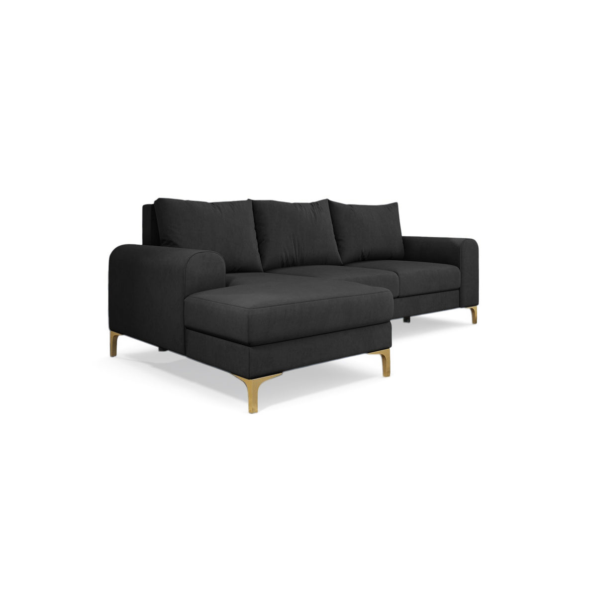 Canapé d'angle Arpelo 245x145, version gauche, Gris Graphite (MANILA 19), sur pieds dorés – canapé d'angle convertible avec fonction couchage