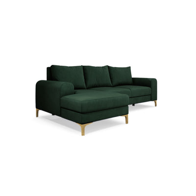 Canapé d'angle Arpelo 245x145, version gauche, Mousse des Bois (MANILA 35), sur pieds dorés – canapé d'angle moderne de style bohème