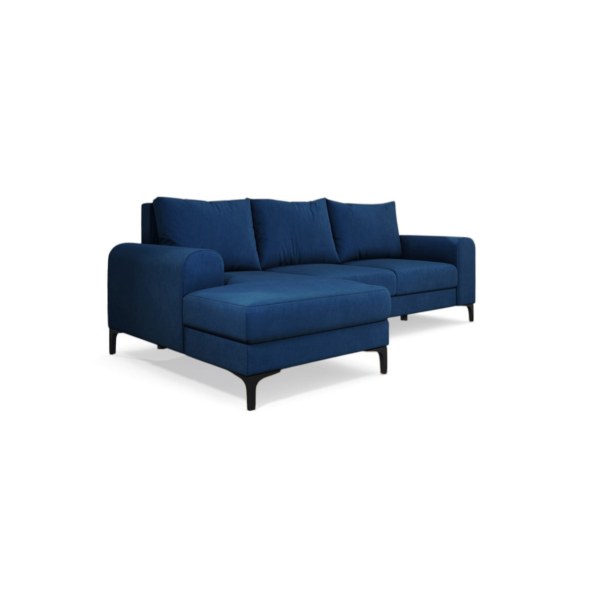 Canapé d'angle Arpelo 245x145, version gauche, Saphir Nocturne (MANILA 26), sur pieds noirs – canapé d'angle moderne avec coussins