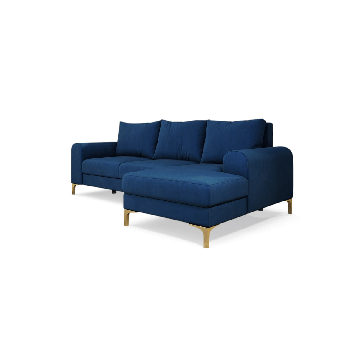 Canapé d'angle Arpelo 245x145, version droite, Saphir Nocturne (MANILA 26), sur pieds dorés – chaise longue à droite, vue de trois quarts