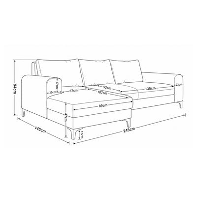 Canapé d'angle Arpelo 245x145 – plan coté avec la largeur, la hauteur, la profondeur de l'assise et de la chaise longue