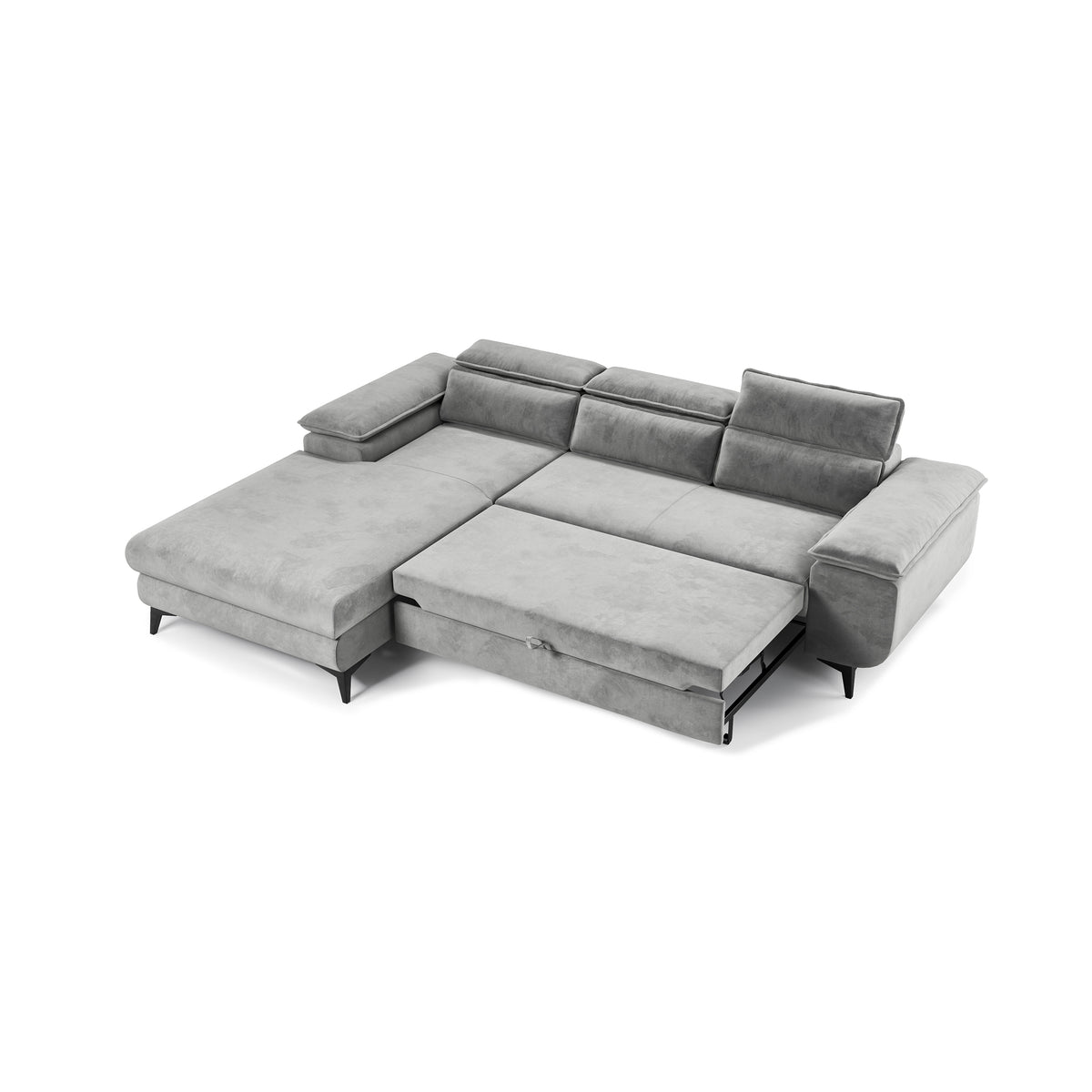 Canapé d'angle Bessi 276x205 déplié avec le mécanisme Delfin – canapé d'angle avec fonction couchage, surface 216x124 cm