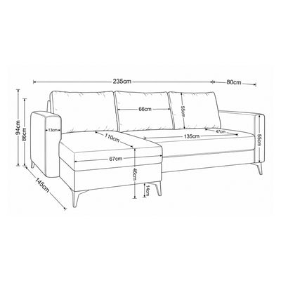 Plan coté du canapé d'angle Forra : largeur 235 cm, profondeur 145 cm, hauteur 94 cm, assise 46 cm