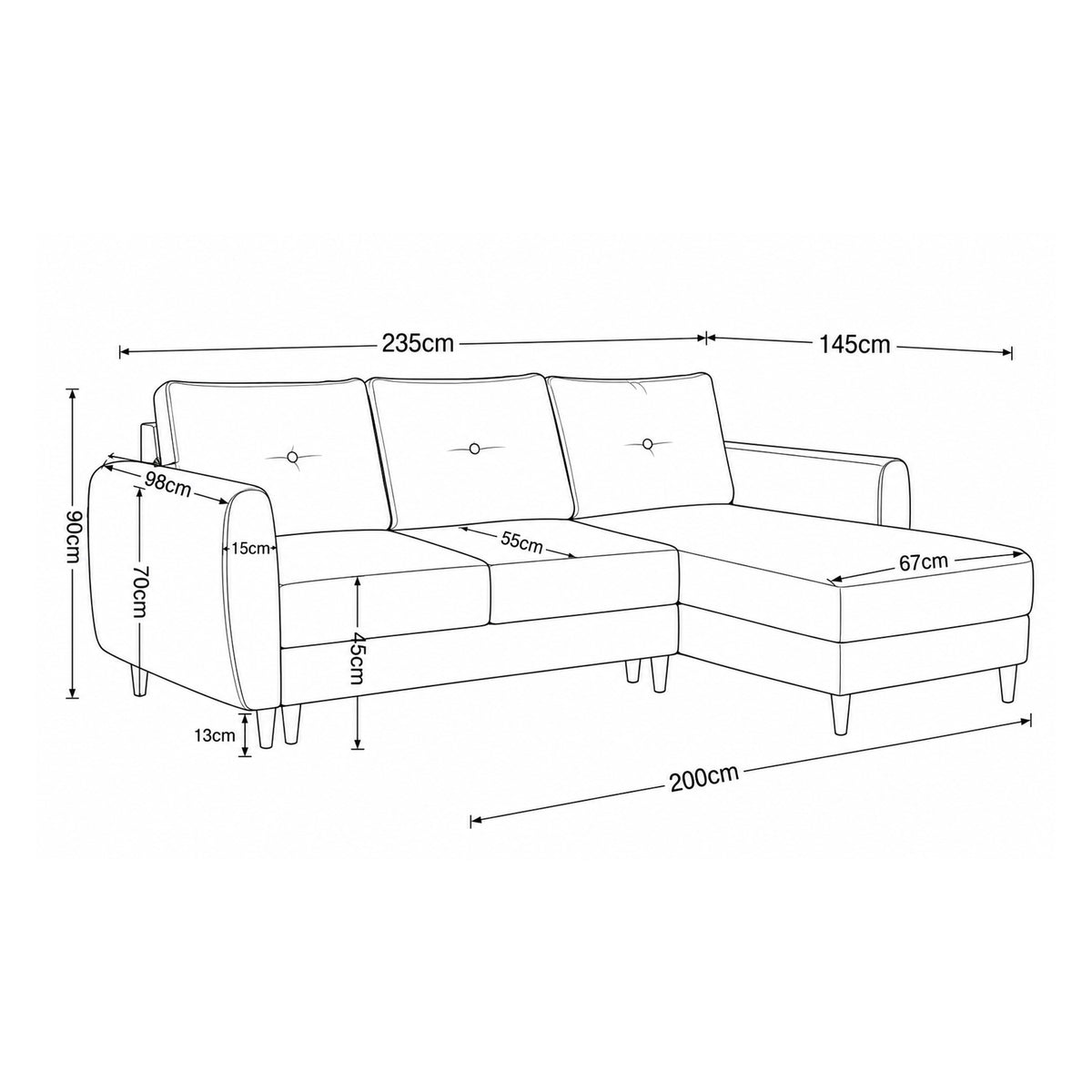 Plan coté du canapé d'angle Harmi : largeur 235 cm, profondeur 145 cm, hauteur 90 cm, hauteur d'assise 45 cm