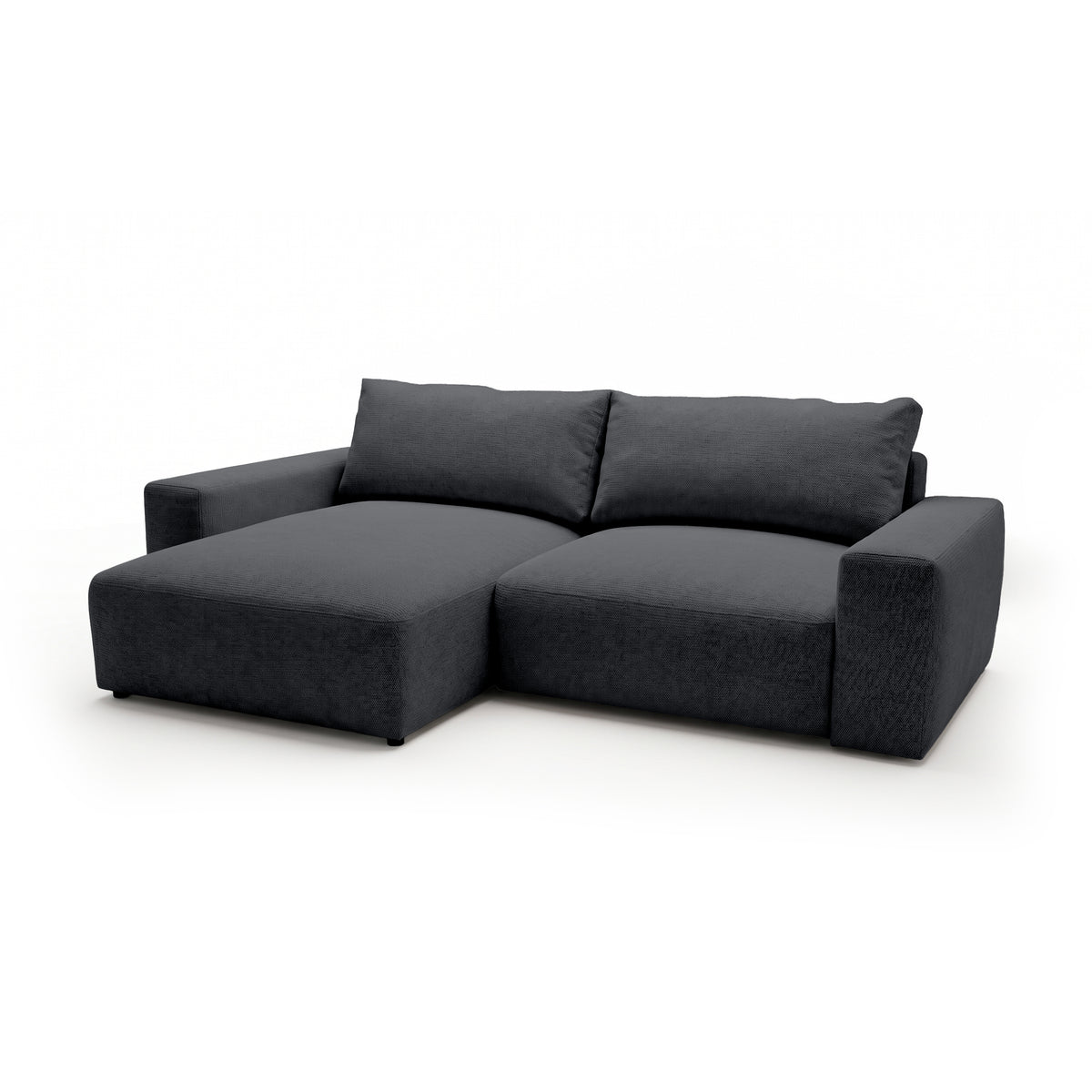 Canapé d'angle modulable Iskeli Cendre Foncé (ARAGON 93), version gauche, vue de trois quarts – canapé d'angle avec pouf en tissu Aragon