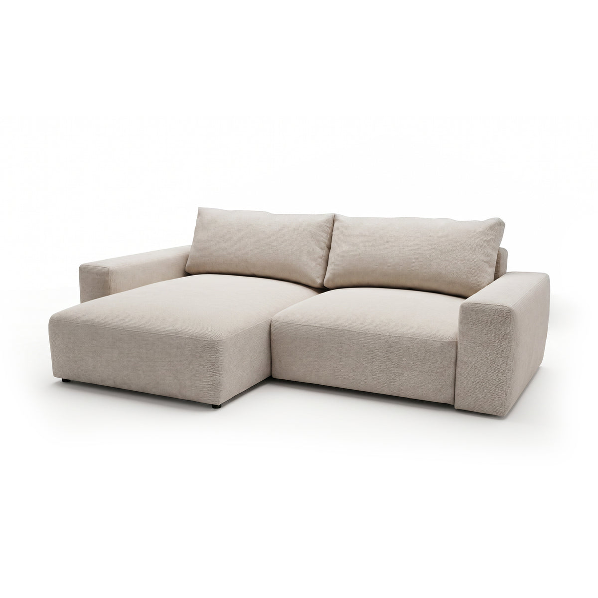 Canapé d'angle modulable Iskeli Taupe Crème (ARAGON 03), version gauche, vue de trois quarts – canapé d'angle avec pouf et fonction couchage