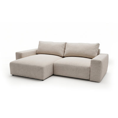 Canapé d'angle modulable Iskeli Taupe Crème (ARAGON 03), version gauche, vue de trois quarts – canapé d'angle avec pouf et fonction couchage