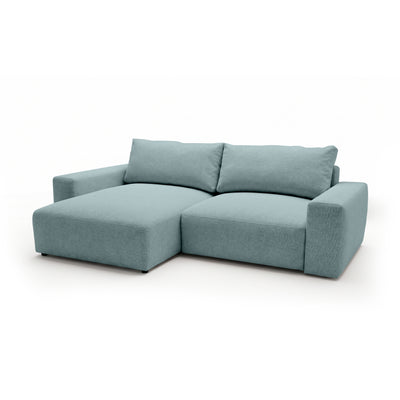 Canapé d'angle modulable Iskeli Lazur Glacé (ARAGON 70), version gauche, vue de trois quarts – canapé d'angle avec pouf en tissu Aragon