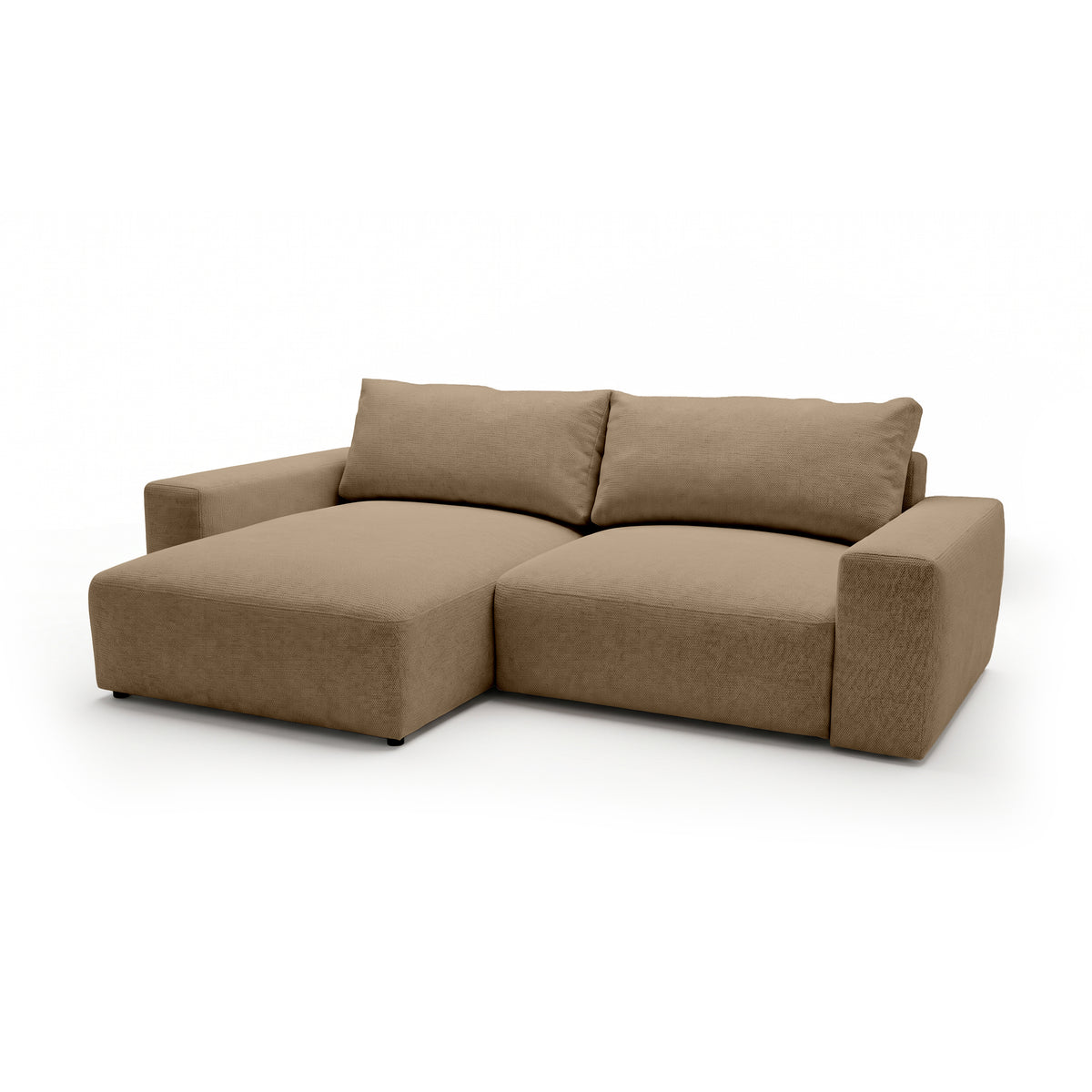 Canapé d'angle modulable Iskeli Beige Noisette (ARAGON 14), version gauche, vue de trois quarts – canapé d'angle avec pouf en tissu Aragon