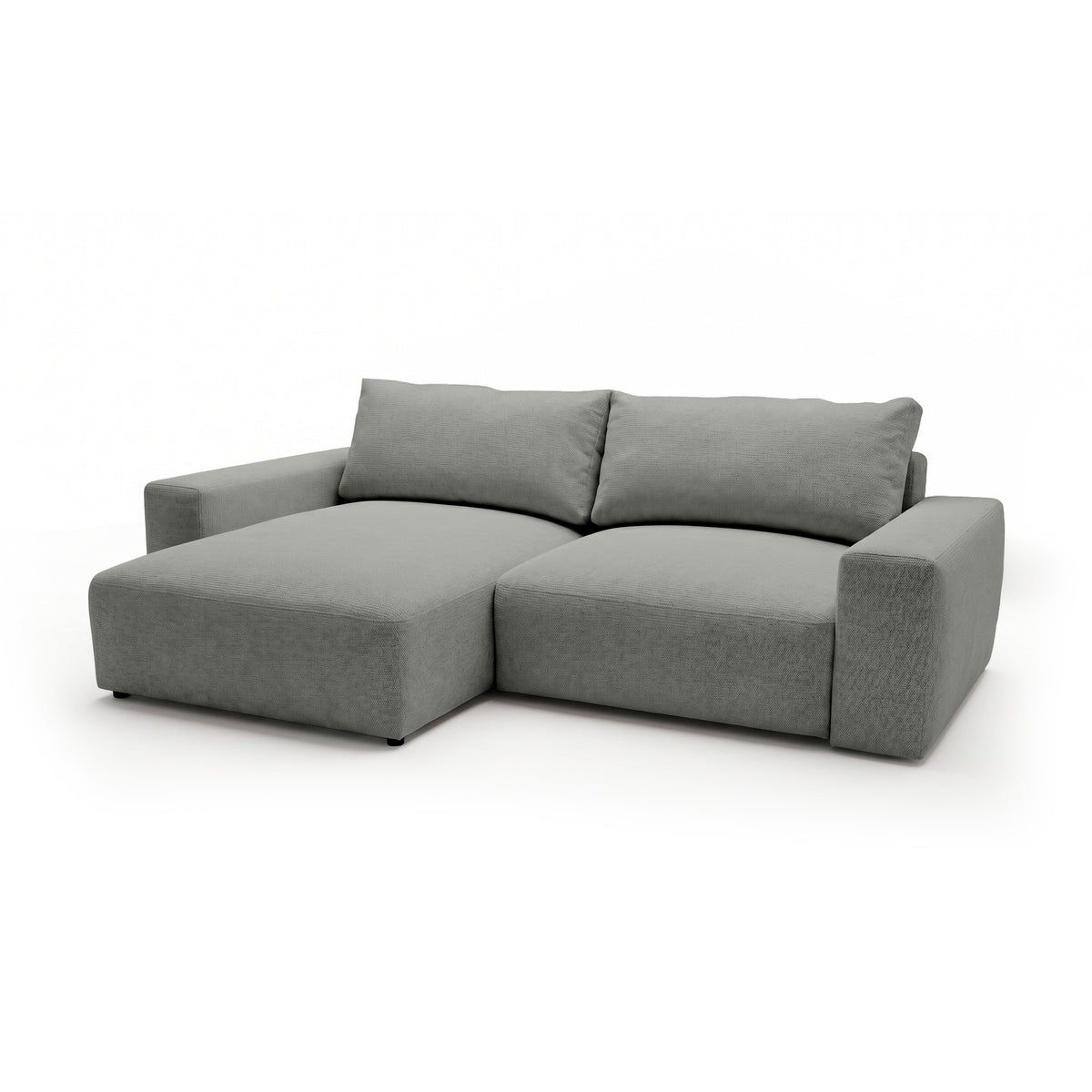 Canapé d'angle modulable Iskeli Gris Acier (ARAGON 83), version gauche, vue de trois quarts – canapé d'angle avec pouf en tissu Aragon